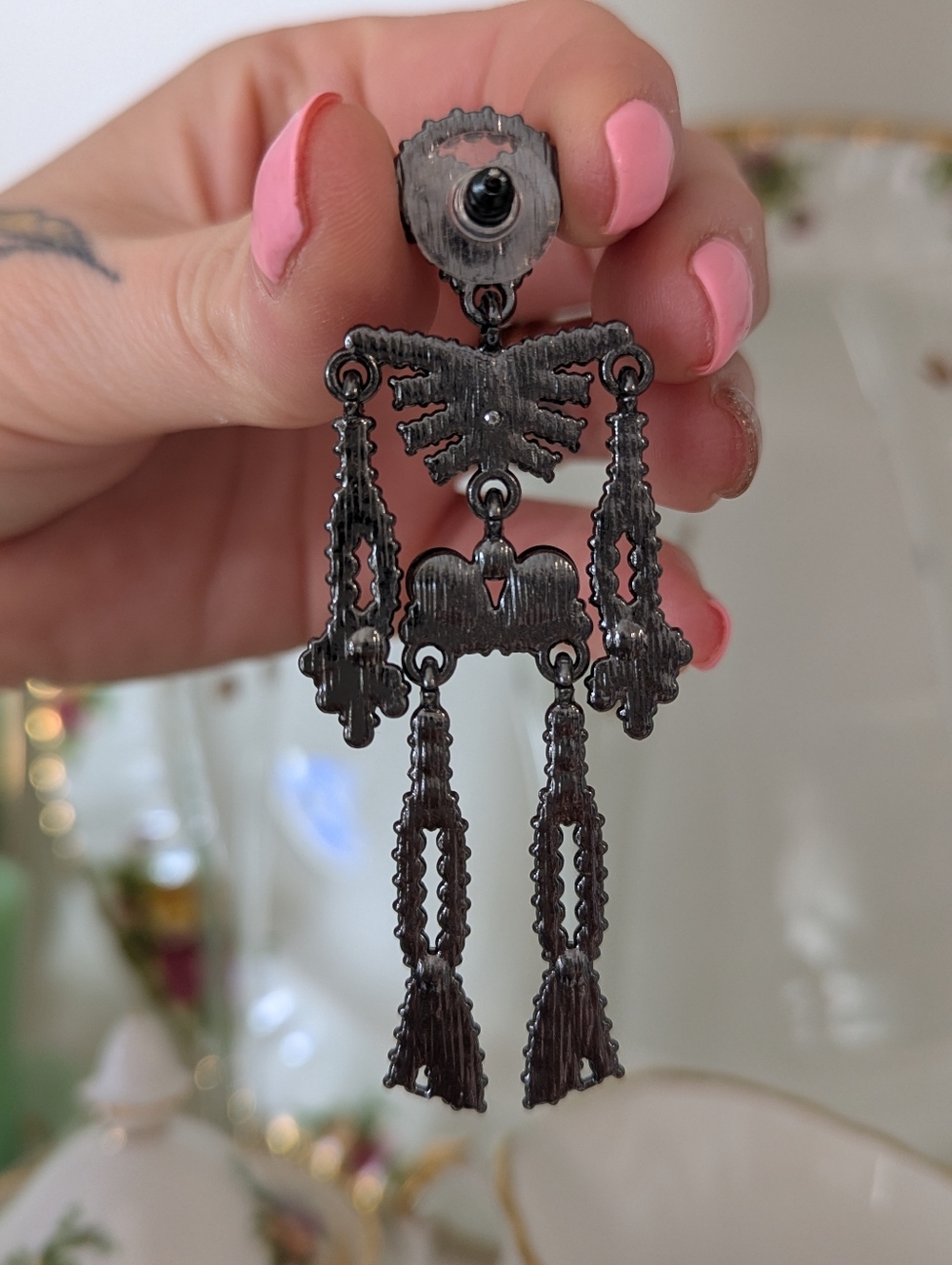 💀🖤Earrings Statement Black Crystal Skeleton Halloween Costume Whimsigoth - Picture 2 of 8